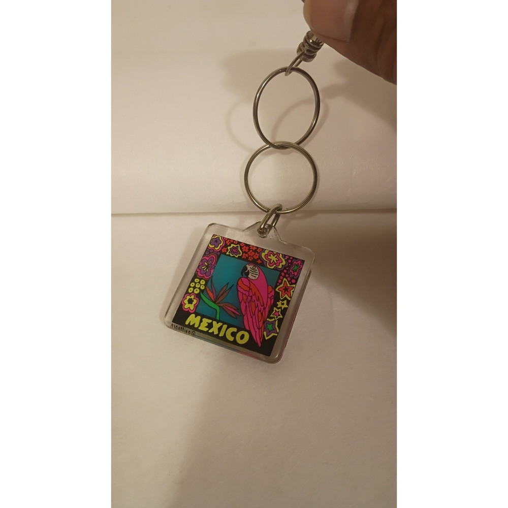 Vintage Mexico Souvenir Keychain Acrylic Parrot Bird Tropical Floral Retro